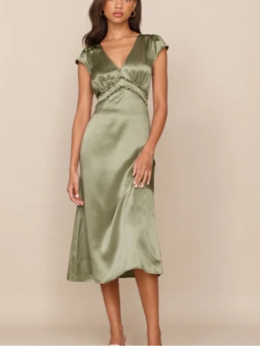 Reformation Kaye Silk Dress in Artichoke Green Midi Ruching Fitted